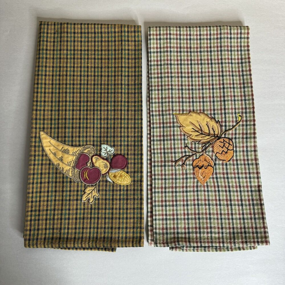 Vintage Kitchen Dish Towel Fall Plaid Holiday‎ Thanksgiving Embroidered